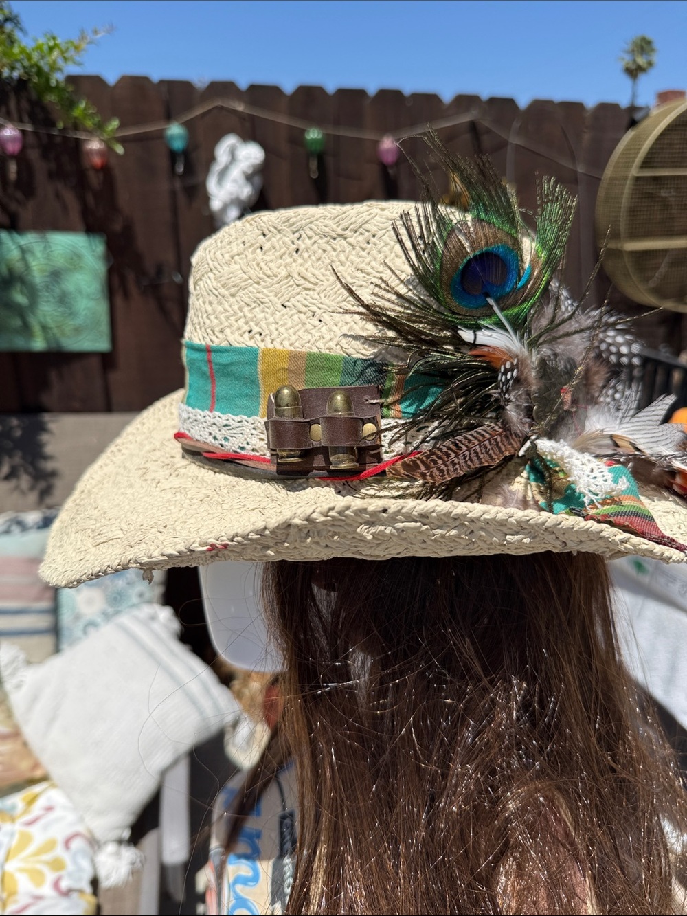 Custom straw cowboy hat w Peacock,feathers leather ,vintage cloth, card sheriff - Picture 1 of 17